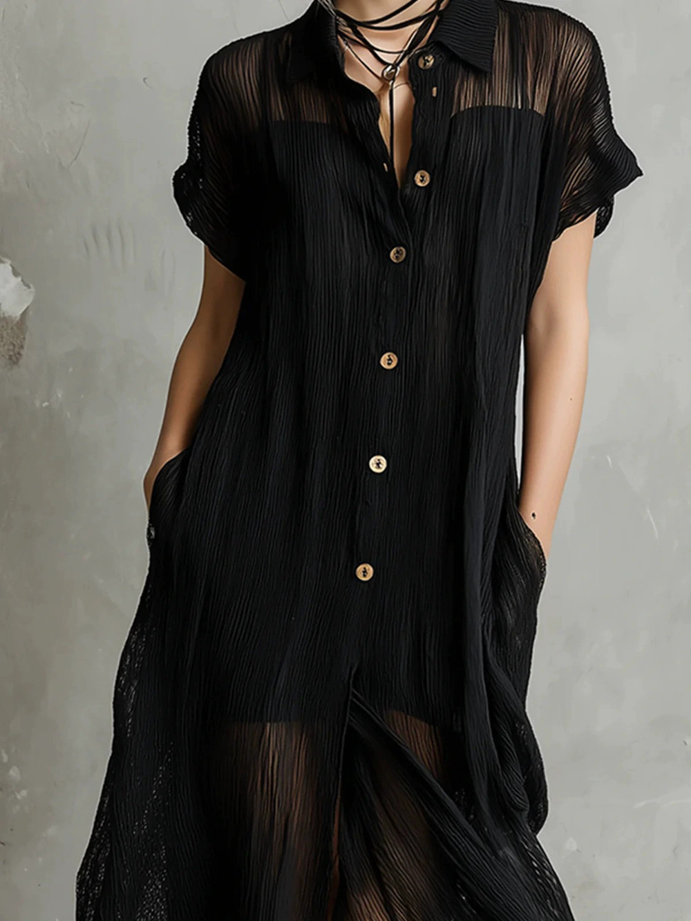 ZARA UV Pleated Sheer Short Sleeve Long Shirt Dress